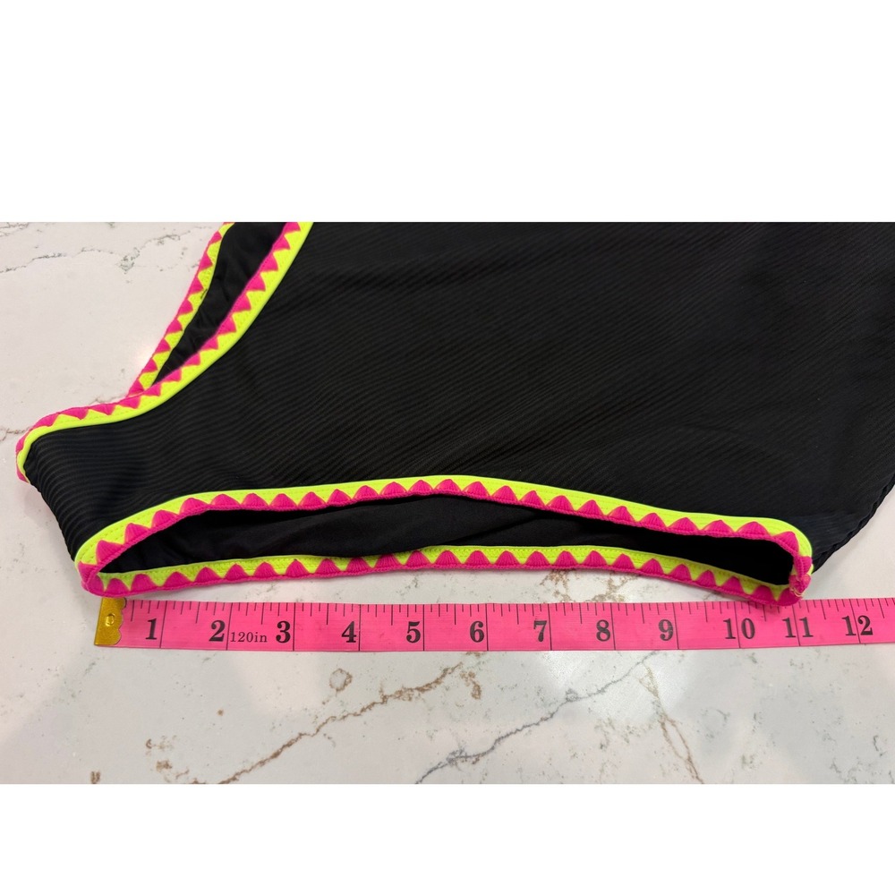 Popvil Womens Ribbed One Piece Swimsuit Black Neon Pink Yellow Trim High Cut NEW - Picture 3 of 12